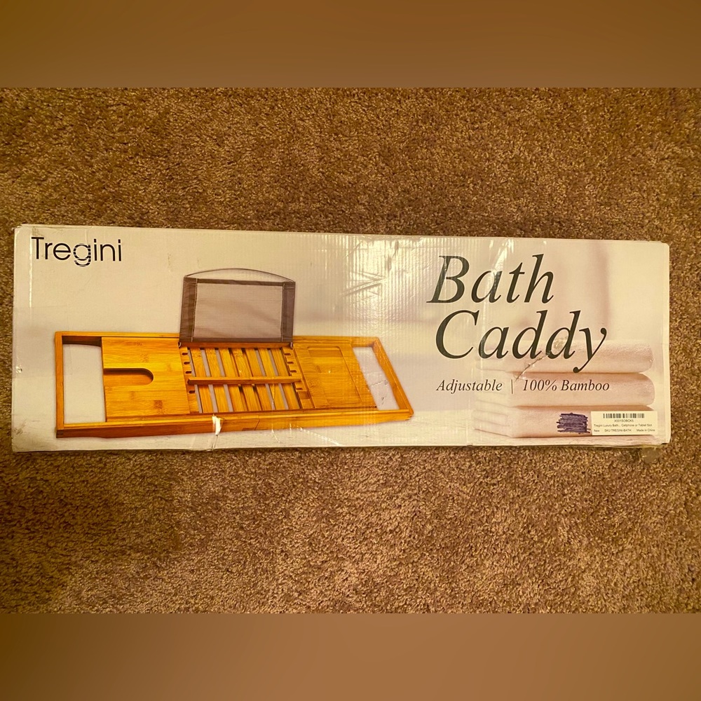 New in box: Tregini Luxury Bathtub Tray Caddy Adjustable Bamboo Wood Bath Caddy